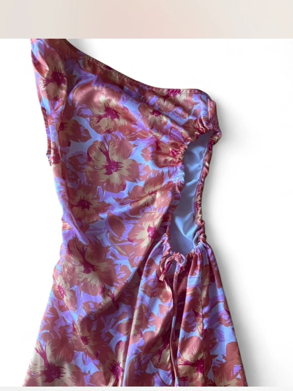 White Fox Boutique One-Shoulder Floral Midi Dress in Pink and Orange